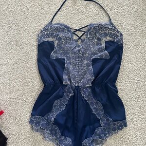 Victoria's Secret Navy Satin Lace-Trim Romper